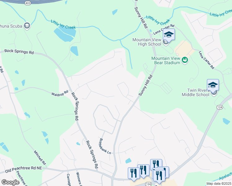 map of restaurants, bars, coffee shops, grocery stores, and more near 2232 Rocksram Court in Buford