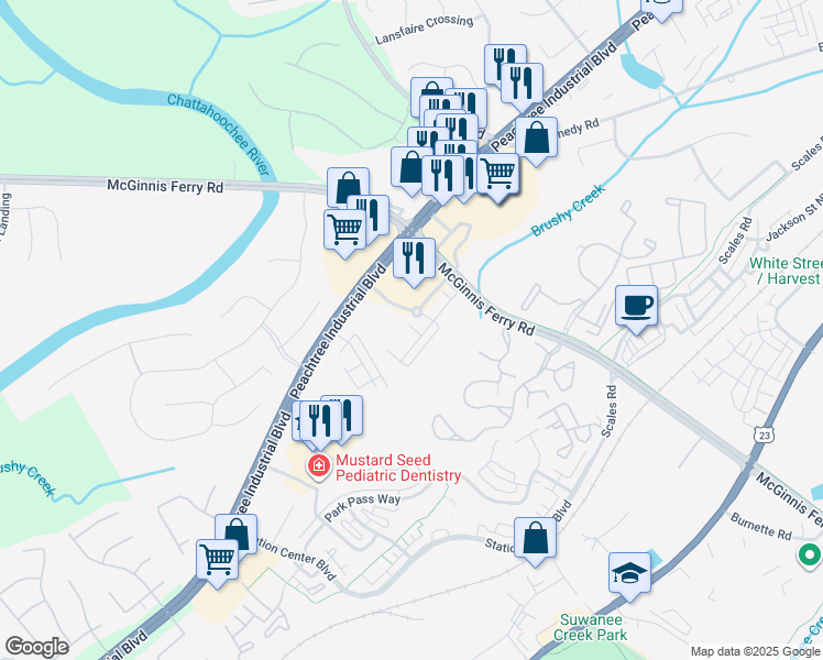 map of restaurants, bars, coffee shops, grocery stores, and more near 4016 McGinnis Ferry Road in Suwanee