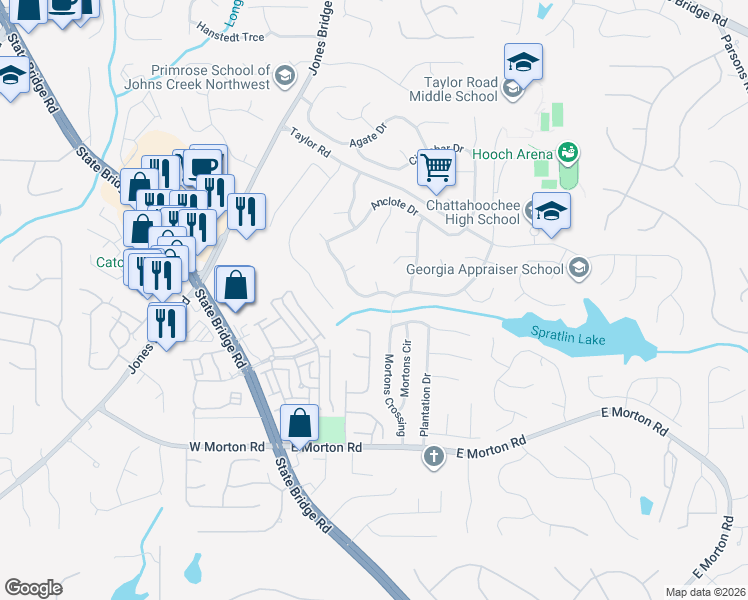 map of restaurants, bars, coffee shops, grocery stores, and more near 4925 Tanners Spring Drive in Alpharetta