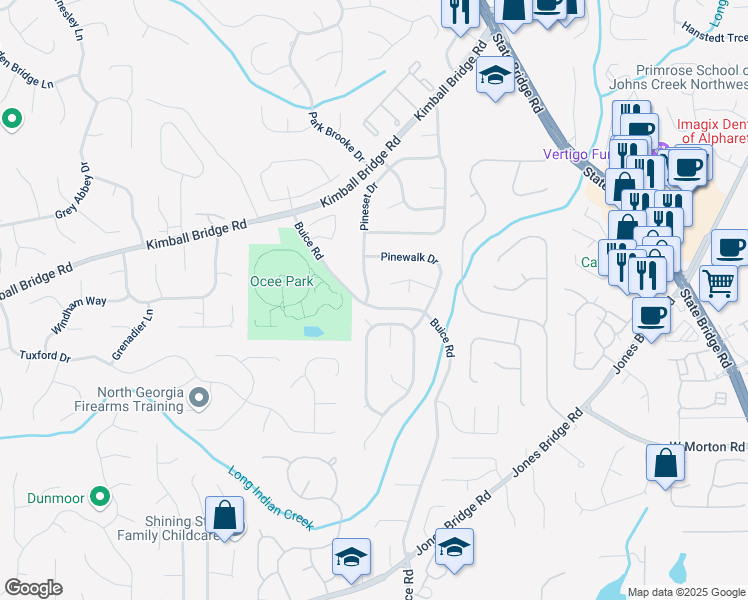 map of restaurants, bars, coffee shops, grocery stores, and more near 130 Piney Hill Trce in Alpharetta