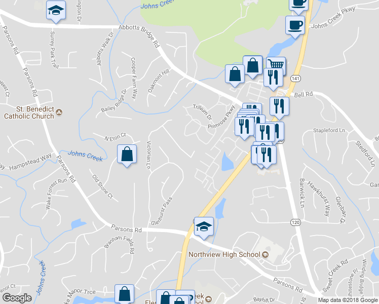 map of restaurants, bars, coffee shops, grocery stores, and more near 300 Windsor Chase Trail in Duluth