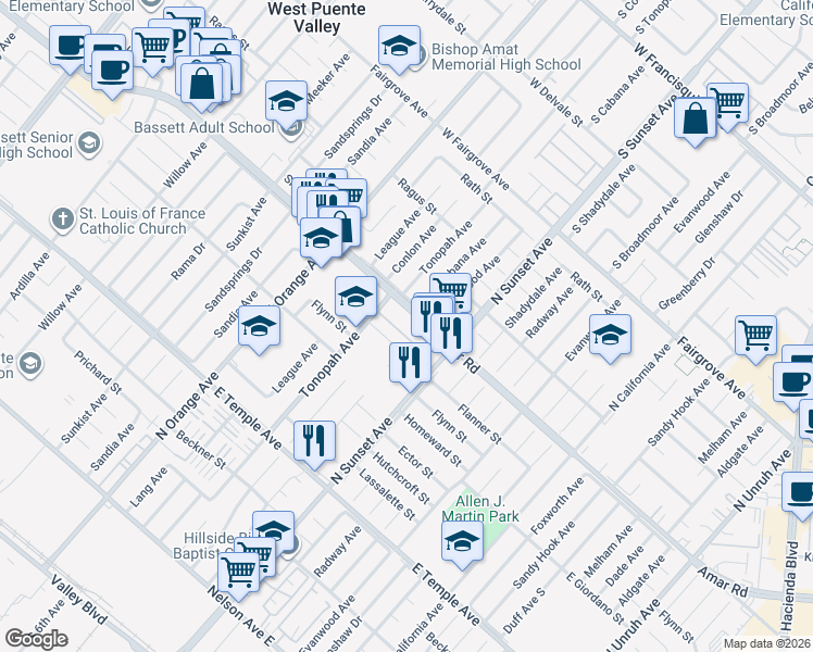 map of restaurants, bars, coffee shops, grocery stores, and more near 14520 Amar Road in La Puente