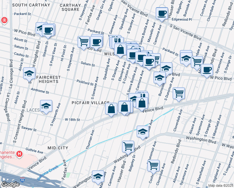 map of restaurants, bars, coffee shops, grocery stores, and more near 1610 Ellsmere Avenue in Los Angeles