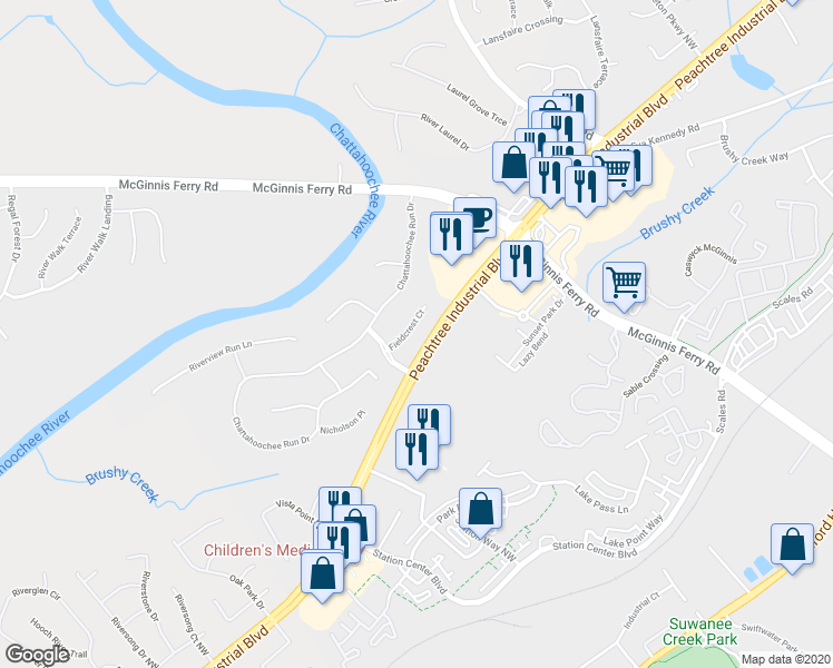 map of restaurants, bars, coffee shops, grocery stores, and more near 1252 Fieldcrest Court in Suwanee