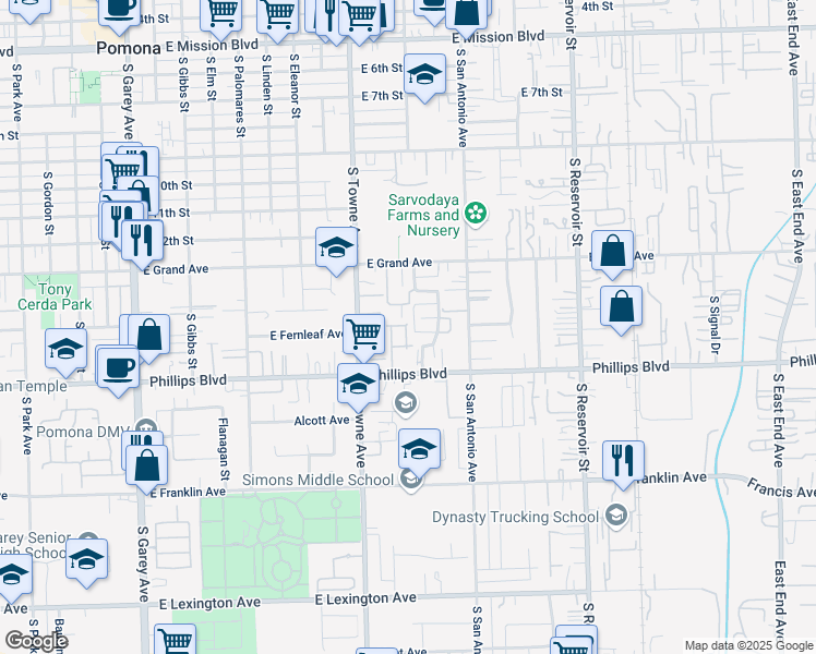 map of restaurants, bars, coffee shops, grocery stores, and more near 855 East Phillips Boulevard in Pomona
