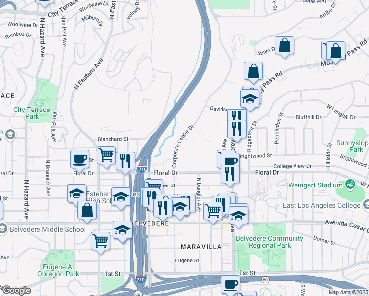 map of restaurants, bars, coffee shops, grocery stores, and more near 1588 Corporate Center Drive in Monterey Park