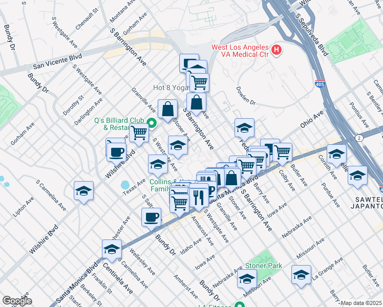 map of restaurants, bars, coffee shops, grocery stores, and more near 11800 Texas Avenue in Los Angeles