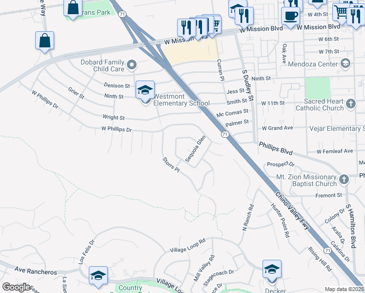 map of restaurants, bars, coffee shops, grocery stores, and more near 1677 Redbud Place in Pomona