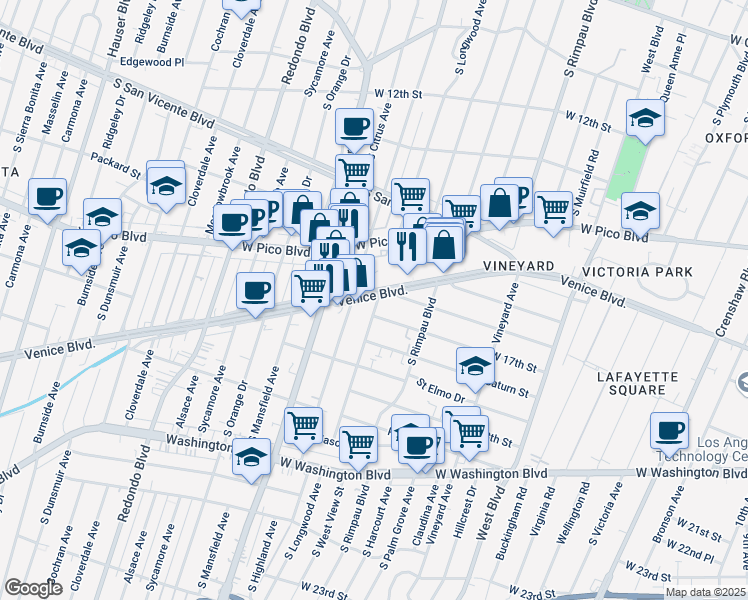 map of restaurants, bars, coffee shops, grocery stores, and more near 4843 West 17th Street in Los Angeles
