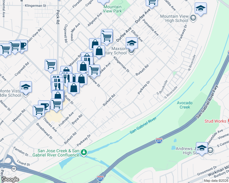 map of restaurants, bars, coffee shops, grocery stores, and more near 2211 Burkett Road in El Monte