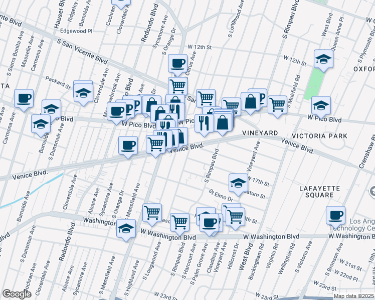 map of restaurants, bars, coffee shops, grocery stores, and more near 1641 South Longwood Avenue in Los Angeles
