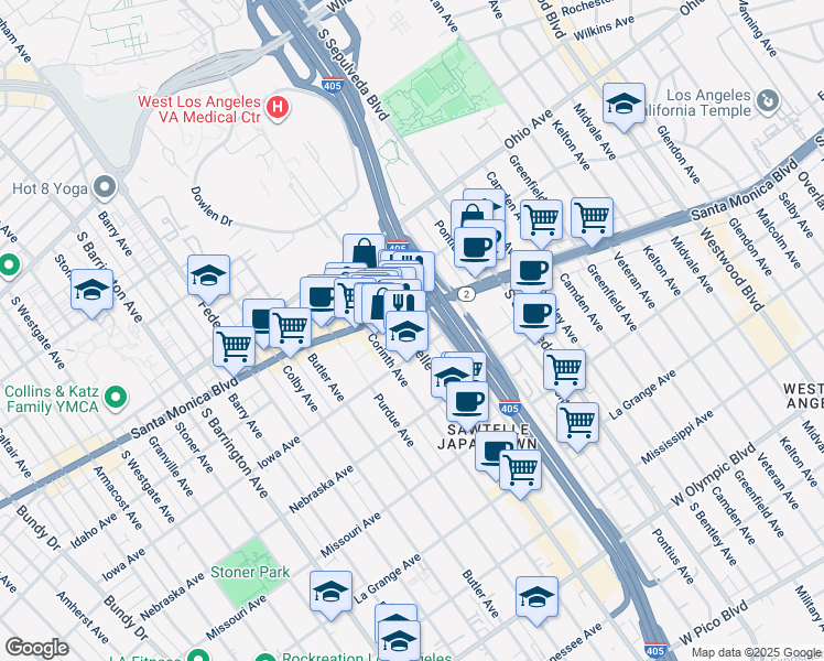 map of restaurants, bars, coffee shops, grocery stores, and more near 1650 Sawtelle Boulevard in Los Angeles