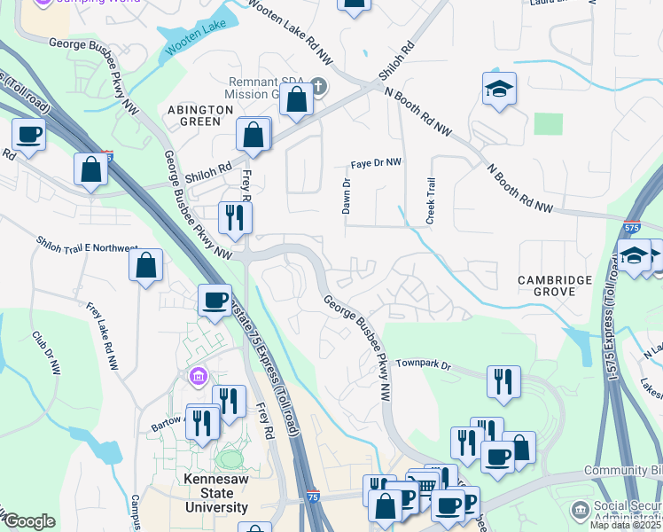 map of restaurants, bars, coffee shops, grocery stores, and more near 3900 George Busbee Parkway Northwest in Kennesaw