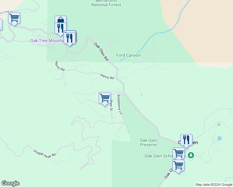 map of restaurants, bars, coffee shops, grocery stores, and more near 39327 Oak Glen Road in Oak Glen