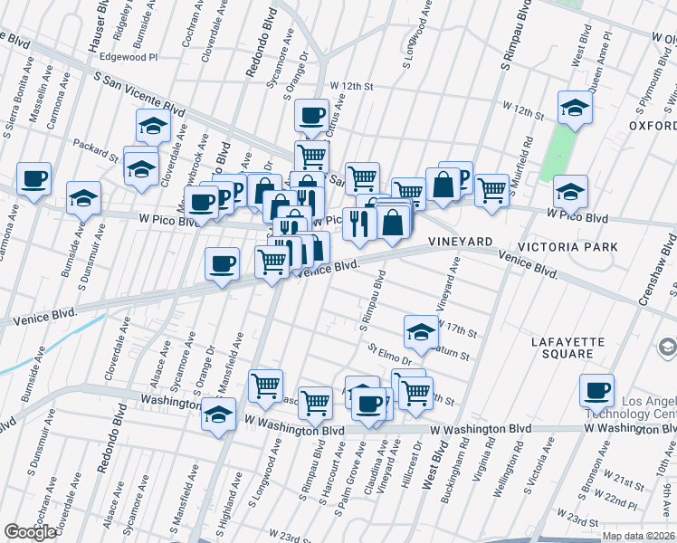 map of restaurants, bars, coffee shops, grocery stores, and more near 1636 South Longwood Avenue in Los Angeles
