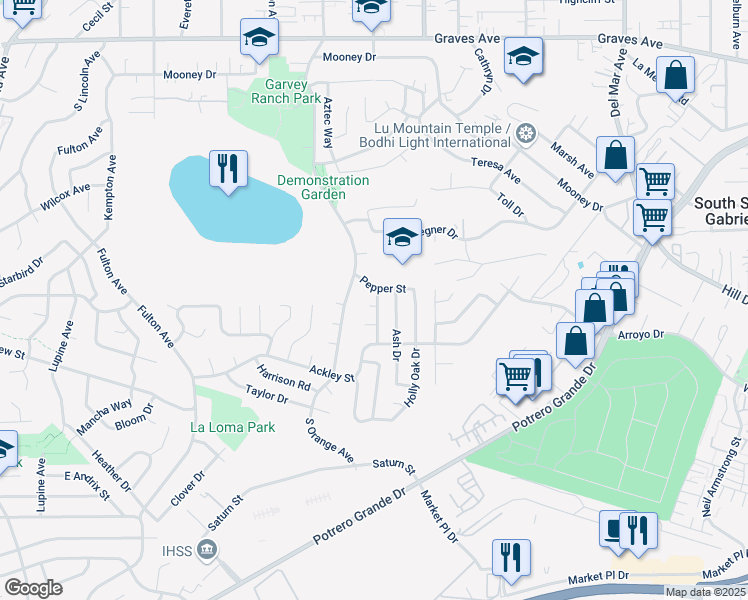 map of restaurants, bars, coffee shops, grocery stores, and more near 1744 Laurel Drive in Monterey Park
