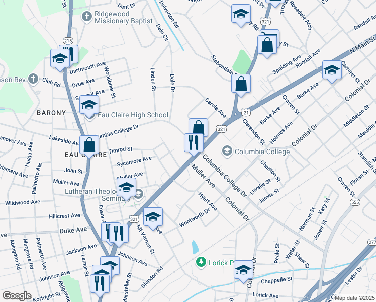 map of restaurants, bars, coffee shops, grocery stores, and more near 4517 North Main Street in Columbia