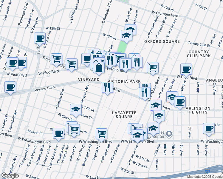 map of restaurants, bars, coffee shops, grocery stores, and more near 1621 Buckingham Road in Los Angeles