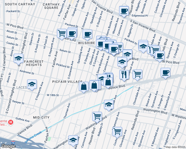 map of restaurants, bars, coffee shops, grocery stores, and more near 1609 South Sierra Bonita Avenue in Los Angeles