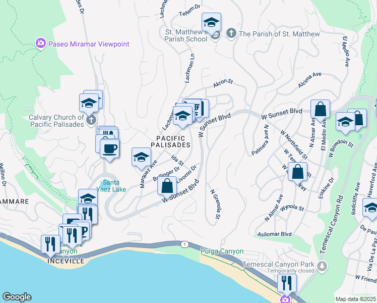 map of restaurants, bars, coffee shops, grocery stores, and more near 16755 Bollinger Drive in Los Angeles