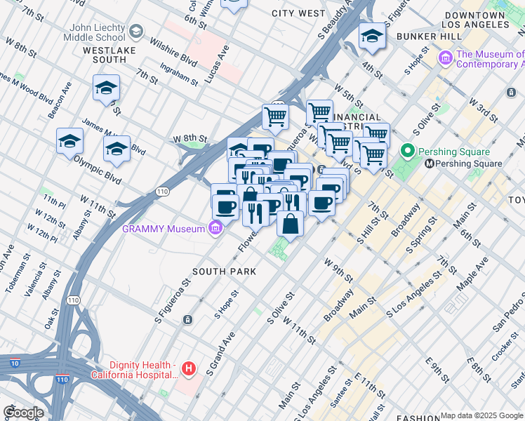 map of restaurants, bars, coffee shops, grocery stores, and more near 705 West 9th Street in Los Angeles