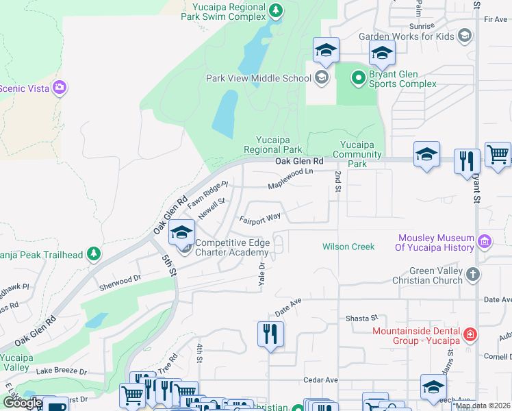 map of restaurants, bars, coffee shops, grocery stores, and more near 11615 Deerfield Drive in Yucaipa