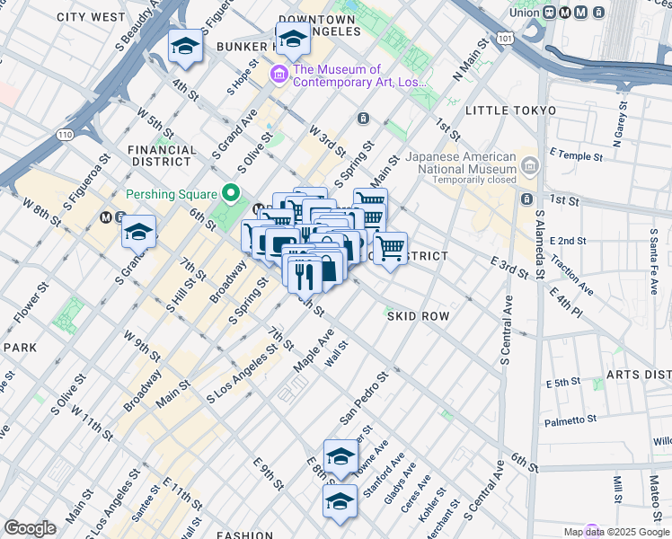 map of restaurants, bars, coffee shops, grocery stores, and more near 500s South Los Angeles Street in Los Angeles