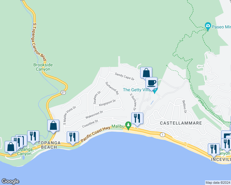 map of restaurants, bars, coffee shops, grocery stores, and more near 3649 Surfwood Road in Malibu