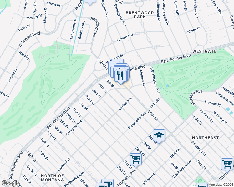 map of restaurants, bars, coffee shops, grocery stores, and more near 322 25th Street in Santa Monica