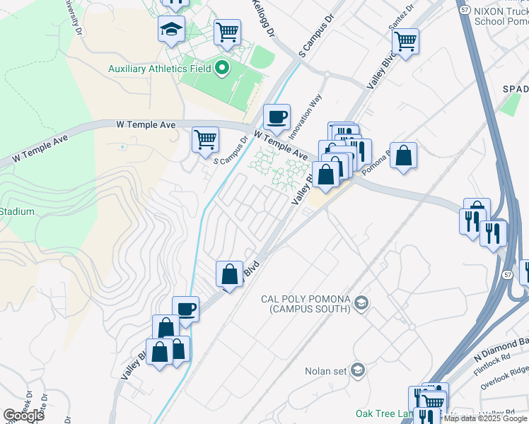 map of restaurants, bars, coffee shops, grocery stores, and more near 3667 Valley Boulevard in Pomona