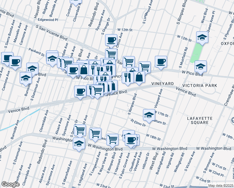 map of restaurants, bars, coffee shops, grocery stores, and more near 1641 South Longwood Avenue in Los Angeles