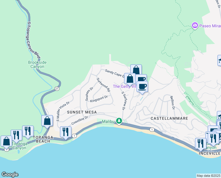 map of restaurants, bars, coffee shops, grocery stores, and more near 3704 Surfwood Road in Malibu