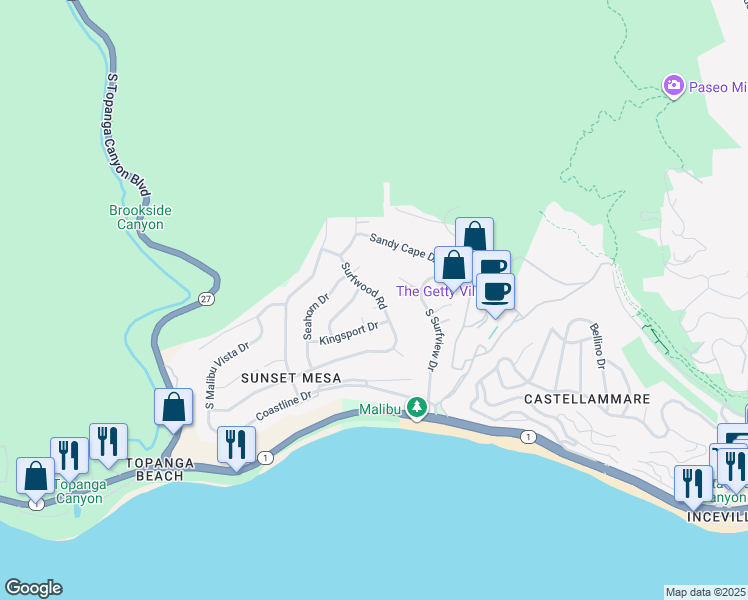 map of restaurants, bars, coffee shops, grocery stores, and more near 3649 Surfwood Road in Malibu