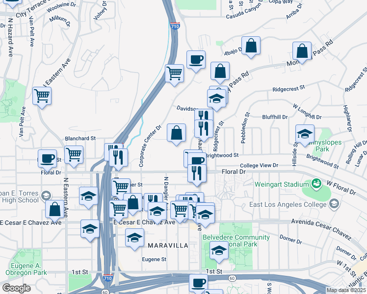map of restaurants, bars, coffee shops, grocery stores, and more near 2530 Corporate Place in Monterey Park