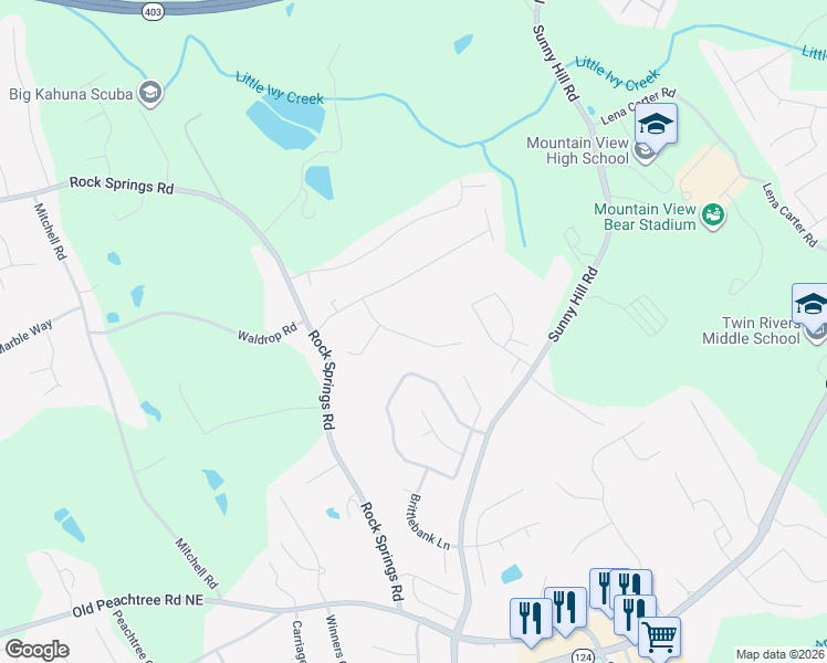 map of restaurants, bars, coffee shops, grocery stores, and more near 2312 Rocksram Court in Buford