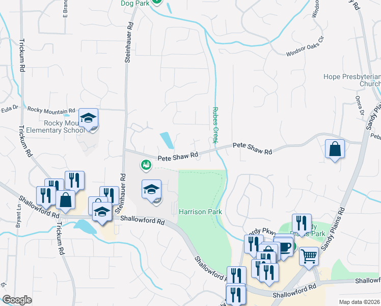map of restaurants, bars, coffee shops, grocery stores, and more near 2768 Pete Shaw Road in Marietta