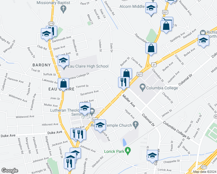 map of restaurants, bars, coffee shops, grocery stores, and more near 1209 Sycamore Avenue in Columbia