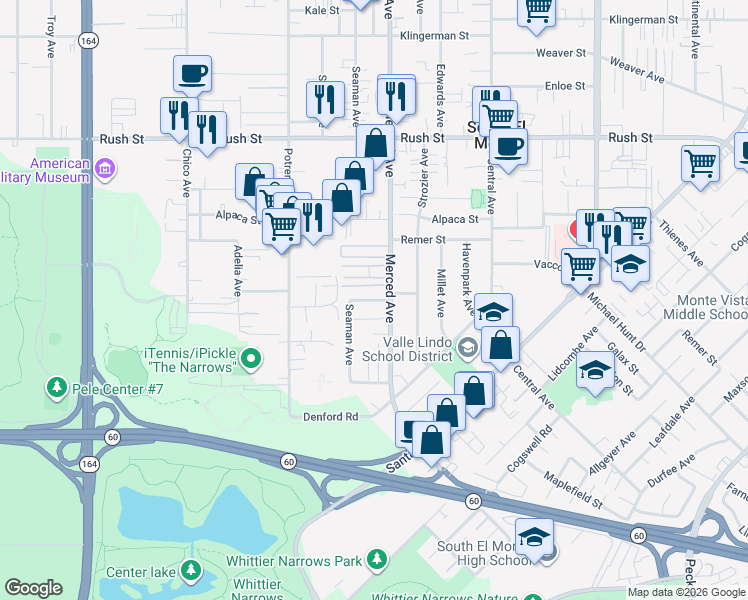 map of restaurants, bars, coffee shops, grocery stores, and more near 9941 Lawton Street in South El Monte