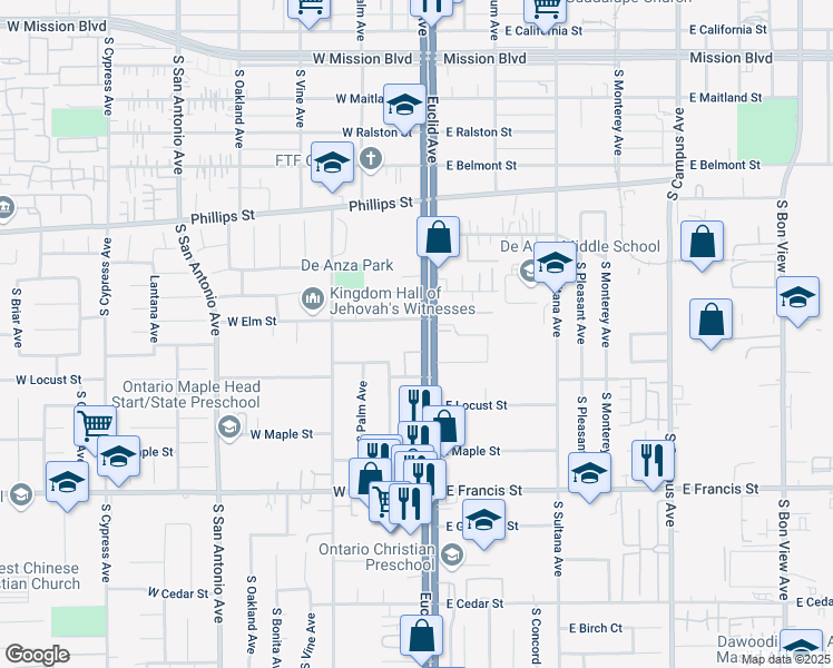 map of restaurants, bars, coffee shops, grocery stores, and more near 1518 South Euclid Avenue in Ontario
