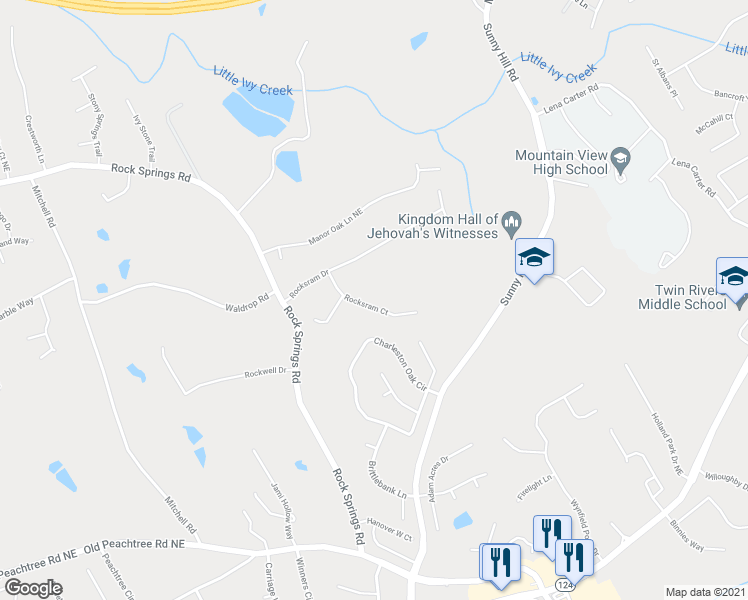 map of restaurants, bars, coffee shops, grocery stores, and more near 2317 Rocksram Court in Buford