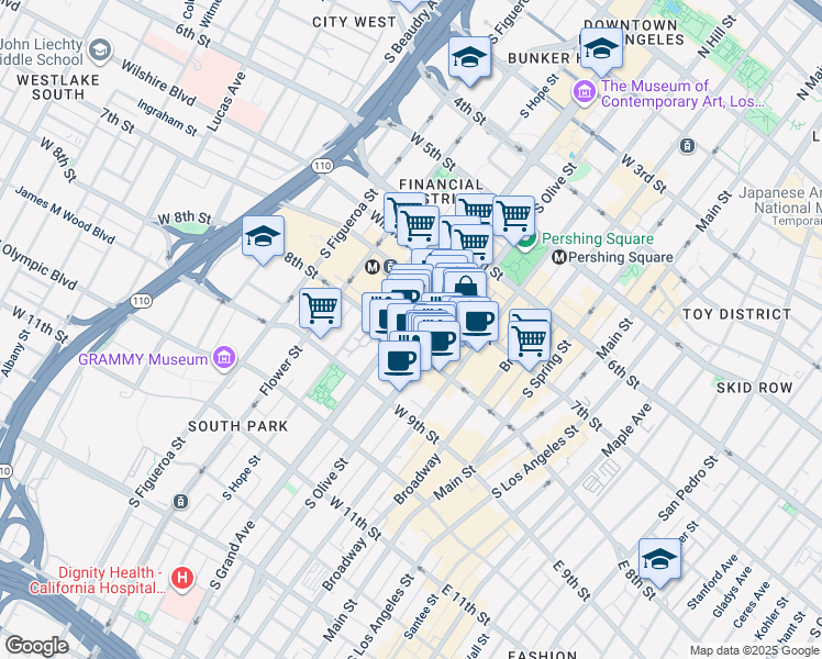 map of restaurants, bars, coffee shops, grocery stores, and more near 770 South Grand Avenue in Los Angeles