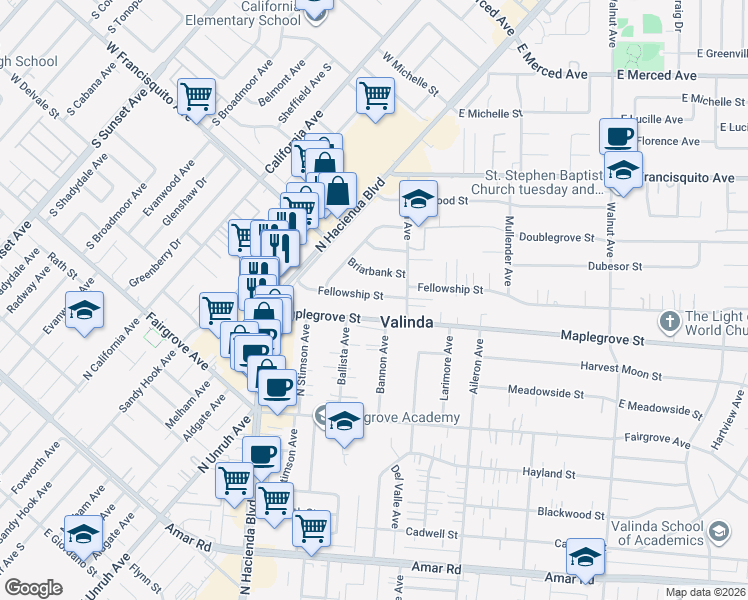 map of restaurants, bars, coffee shops, grocery stores, and more near 15621 Maplegrove Street in La Puente