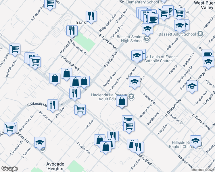 map of restaurants, bars, coffee shops, grocery stores, and more near 13740 Nelson Avenue East in La Puente