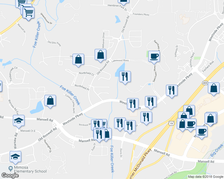 map of restaurants, bars, coffee shops, grocery stores, and more near 1181 Rappahannock Drive in Alpharetta