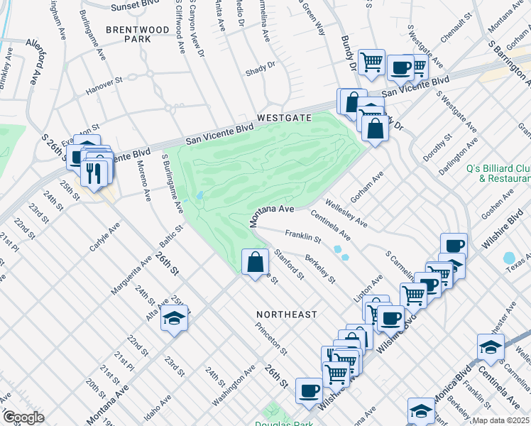 map of restaurants, bars, coffee shops, grocery stores, and more near 12700 Montana Avenue in Los Angeles