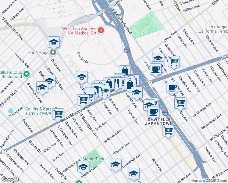 map of restaurants, bars, coffee shops, grocery stores, and more near in Los Angeles County