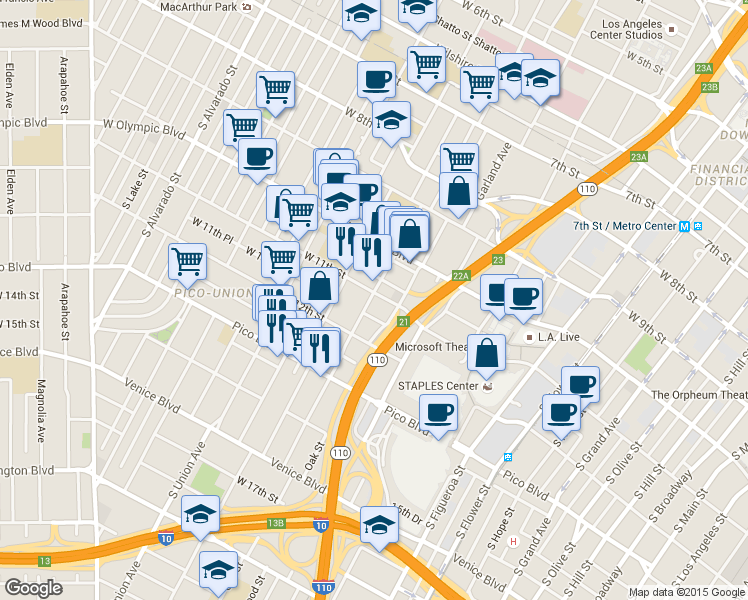 map of restaurants, bars, coffee shops, grocery stores, and more near 1337 West 11th Place in Los Angeles