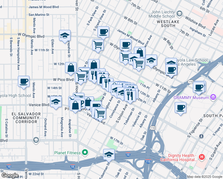 map of restaurants, bars, coffee shops, grocery stores, and more near 1810 West Pico Boulevard in Los Angeles