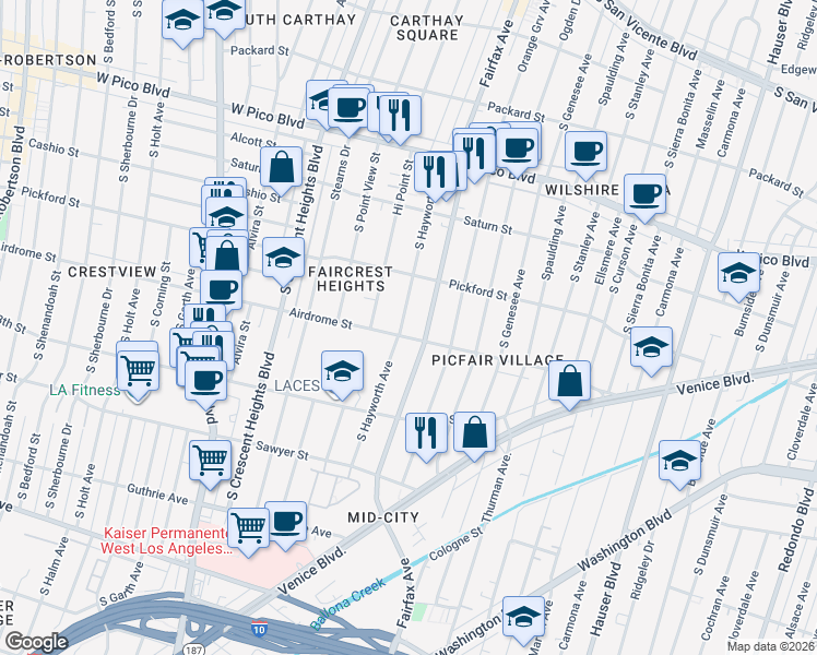 map of restaurants, bars, coffee shops, grocery stores, and more near 1711 South Hayworth Avenue in Los Angeles