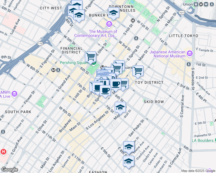 map of restaurants, bars, coffee shops, grocery stores, and more near 548 South Spring Street in Los Angeles